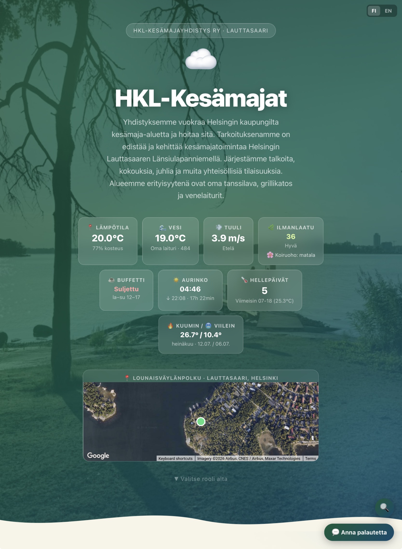 Vierailijanäkymä — sää, kartta ja live-data